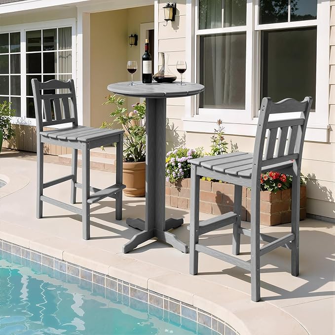 Outdoor Bar Stools Set of 2, HDPE Tall Adirondack Bar Chairs 27.5 Inch Seat Height w/Backrest, All Weather Patio Bar Height Chairs for Bistro Balcony Deck Poolside (Slate Grey)