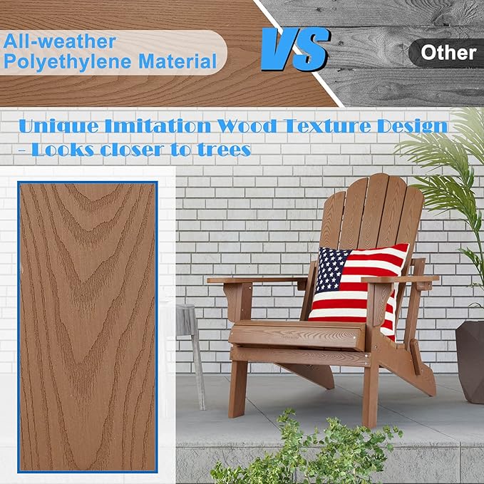 hOmeHua Folding Adirondack Chair, HIPS Foldable Adirondack Chairs Weather Resistant, Plastic Outdoor Chair for Patio, Backyard Deck, Fire Pit Lawn Porch (Wood Color)