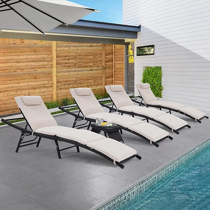 Patio Chaise Lounges 4 Chairs + 1 Coffee Table with Adjustable Backrest and Removable Thick Cushions, 4 Pieces Patio Lounge Chairs + 1 SideTable, Outdoor Folding Cushioned Patio Seating + End Table