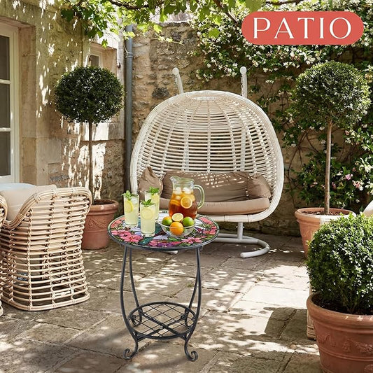 Outdoor Side Table Round Small Mosaic Patio Accent Indoor End Plant Coffee Tea Table for Yard Patio Porch Garden Living Room, Bedroom(Hummingbird Style,16 Inch)