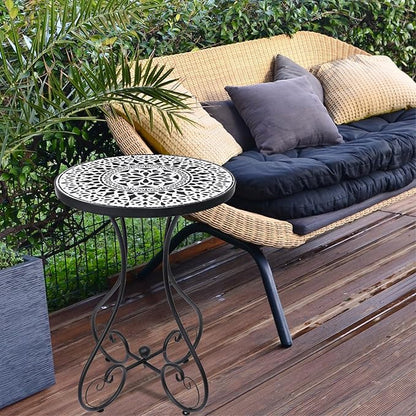 VCUTEKA Outdoor Side Table Mosaic Patio Table Accent Tables Mosaic Tile Top Metal Frame Small End Tables Porch Beach Patio Garden Balcony Black 14 inch