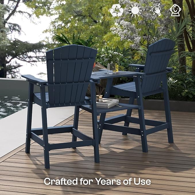 Tall Adirondack Chairs Set of 2 with Removable Tray, HDPE Bar Height Adirondack Bar Stools, High Back Patio Chairs for Balcony, Deck, Lawn, Backyard, All-Weather Outdoor Furniture, Navy Blue