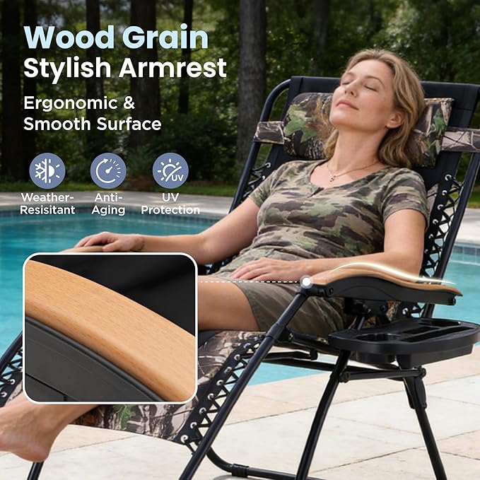 PHI VILLA XXL Oversized Padded Zero Gravity Chair, Foldable Patio Recliner, 30" Wide Seat Anti Gravity Lounger with Cup Holder, Support 400 LBS (Camouflage)