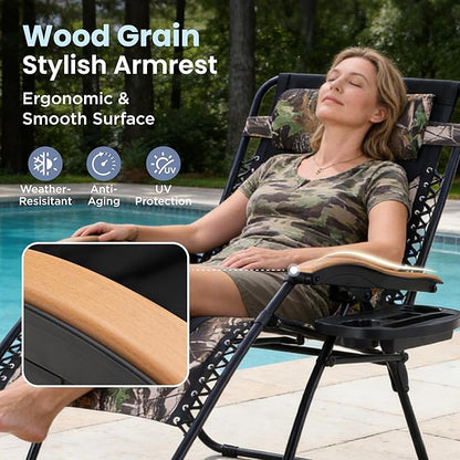 PHI VILLA XXL Oversized Padded Zero Gravity Chair, Foldable Patio Recliner, 30" Wide Seat Anti Gravity Lounger with Cup Holder, Support 400 LBS (Camouflage)