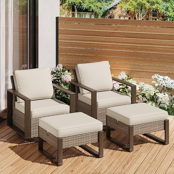 Outdoor Wicker Metal Chairs Set of 2 with Two Ottomans, 360 Degree Glider Rockers Armchairs - Photo 1