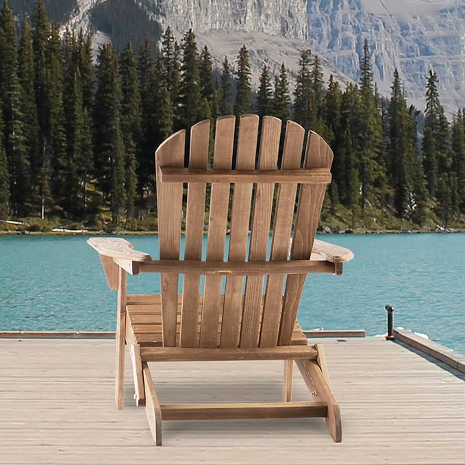 Folding Adirondack Chair Set of 2 Outdoor Wood Patio Chairs with Pre-Assembled Backrest Solid Hemlock Wood Front Porch Chairs for Garden Deck Poolside Fire Pit Light Brown