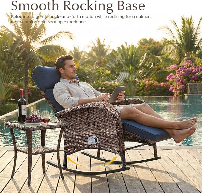 Belord 3 Piece Wicker Patio Furniture Set - Outdoor Swivel Rocker Recliner Chair with Adjustable Backrest & Footrest, All Weather Reclining Lounge Chair with Thick Cushion for Pool Deck Garden Blue