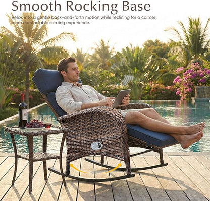 Belord 3 Piece Wicker Patio Furniture Set - Outdoor Swivel Rocker Recliner Chair with Adjustable Backrest & Footrest, All Weather Reclining Lounge Chair with Thick Cushion for Pool Deck Garden Blue
