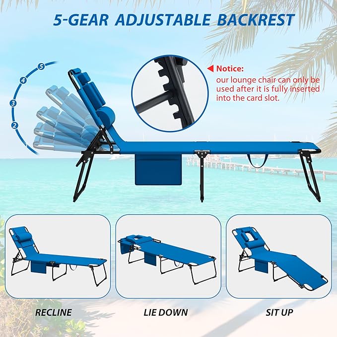 400lbs Tanning Chair, 5-Fold Beach Lounge Chair with Face Hole & 2 Side Pockets, Non-Slip Foot & Portable Handle, Beach Chaise Lounge for Patio/Pool/Lawn(1, Blue)