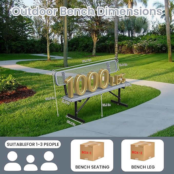 6ft Gray Metal Park Bench with Backrest, Heavy Duty Outdoor Benches Weatherproof Steel Long Playground Bench Seats, Commercial Garden Benches Red Dock Benches for Lawn, Park, Deck,Patio, Porch