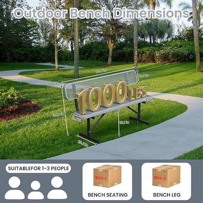 6ft Gray Metal Park Bench with Backrest, Heavy Duty Outdoor Benches Weatherproof Steel Long Playground Bench Seats, Commercial Garden Benches Red Dock Benches for Lawn, Park, Deck,Patio, Porch
