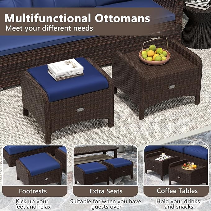 Tangkula 2 Pieces Outdoor Patio PE Wicker Ottomans with Removable Cushions, Outdoor Furniture for Additional Seating - Photo 8