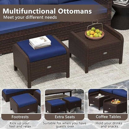 Tangkula 2 Pieces Outdoor Patio PE Wicker Ottomans with Removable Cushions, Outdoor Furniture for Additional Seating, Footrest and Side Table, Outdoor Footstools for Porch, Garden and Backyard