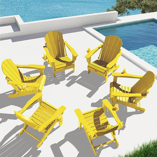 SERWALL Folding Adirondack Chair Set of 6 Painted Adirondack Chair with Cup Holder Weather Resistant for Patio Deck Garden- Yellow