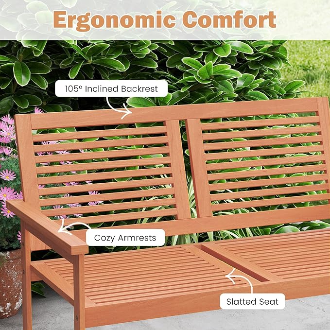 Tangkula Outdoor Wood Bench, 2-Person Heavy Duty Patio Loveseat Chair with Slatted Backrest and Seat, Outisde Wooden Bench for Front Porch, Lawn, Park and Backyard