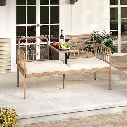 HAPPYGRILL Patio Rattan Loveseat, 2-Seat Wicker Chairs with Built-in Table, Outdoor Conversation Bench with Seat Cushions for Backyard, Front Porch, Garden