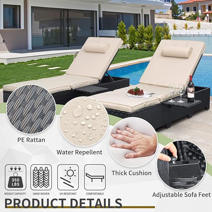 WAROOM Outdoor Chaise Lounge Chairs for Outside Patio Furniture Set of 2 Wicker Recliner Black Rattan Sunbathing - Photo 4