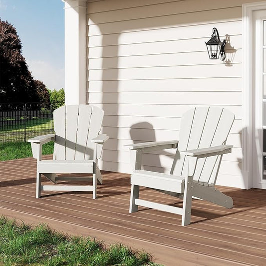 IDEALHOUSE Adirondack Chairs Set of 2, Fixed Non-Folding Design, HDPE Outdoor Chair, 380 LBS Weight Capacity, Wood Grain Texture Patio Lawn Garden Backyard Deck Poolside Furniture, White