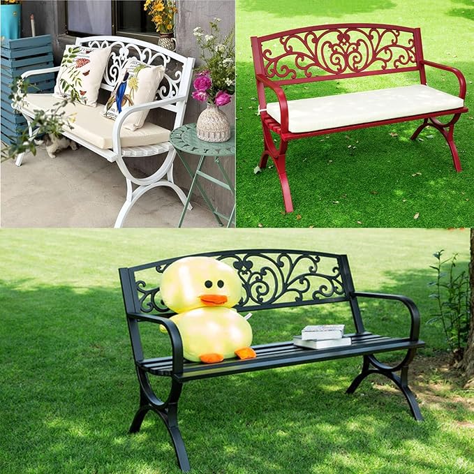Outdoor Bench Weatherproof Metal Garden Bench with Slatted Patio Bench with Floral Pattern Backrest, Arch Legs for Porch, Patio, Garden, Lawn, Balcony(White)