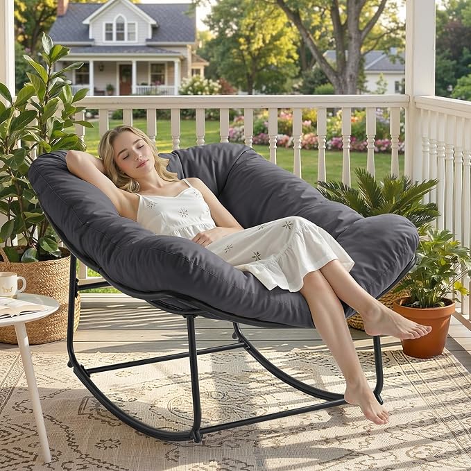 ONBRILL Papasan Rocking Chair with Cushion, Oversized Patio Lounge Rocker, Egg Chair Outdoor Indoor, for Living Room - Photo 3
