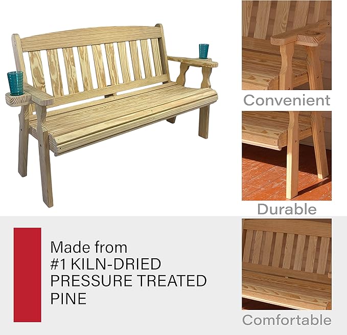 Amish Casual Heavy Duty 800 Lb Mission Pressure Treated Garden Bench with Cupholders (4 Foot, Unfinished)