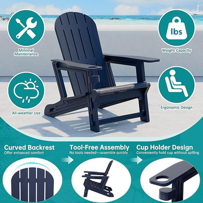 Shintenchi Adirondack Chairs Set of 2,HDPE Adirondack Chair w/Removable Tablelop & Umbrella Hole,All-Weather Wooden Textured Plastic Outdoor Chairs w/Cup Holder for Garden Backyard Pool,Dark Blue