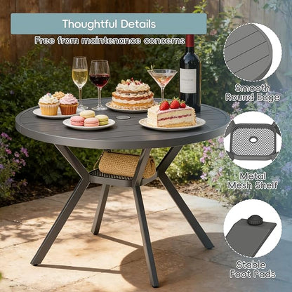 42" Outdoor Patio Table Dining Table, All Weather Metal Round Patio Table with Adjustable Umbrella Hole, Patio Furniture for Lawn Garden Backyard, Grey