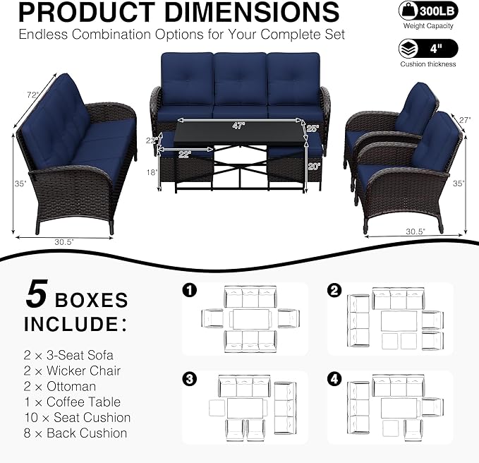 Joyside Wicker Patio Furniture Set, 7 Piece Outdoor Furniture Set with Thickened Cushions, High Back, Deep Seating - Photo 2