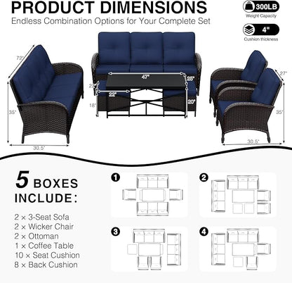 Joyside Wicker Patio Furniture Set, 7 Piece Outdoor Furniture Set with Thickened Cushions, High Back, Deep Seating, Wide Armrest, Rattan Outdoor Chairs for Porch, Deck