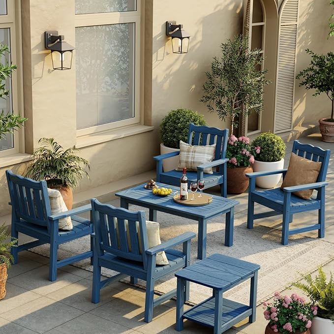 Stoog 3-Piece All-Weather Garden Chairs Set of 2 with Table, Patio Furniture Sets, Include 2 Garden Chairs and 1 Side Table, for Porch, Backyard, Lawn & Dining, Blue