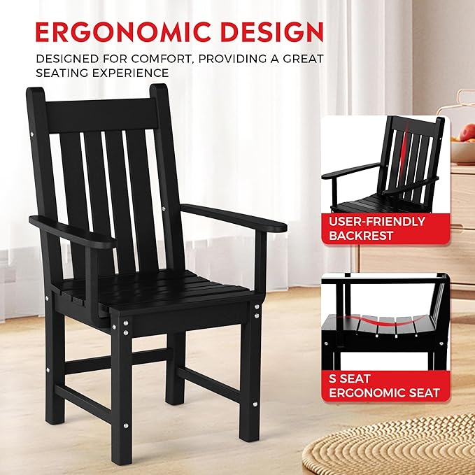 Costaelm Patio Dining Chairs, Plastic Outdoor Adirondack Chair with Arm, HDPE Poly Lumber, Waterproof Restaurant Bistro Dining Chair for Outside Porch Backyard Garden, Black