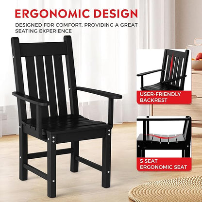 Costaelm Patio Dining Chairs, Plastic Outdoor Adirondack Chair with Arm, HDPE Poly Lumber, Waterproof Restaurant Bistro Dining Chair for Outside Porch Backyard Garden, Black