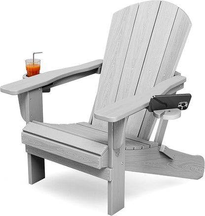 KINGYES Folding Adirondack Chair with Dual Cup Holders - HDPE All-Weather Outdoor Chairs, Wood-Like Patio Chair for Backyard, Camping, Pool & Fire Pit, Silver Grey