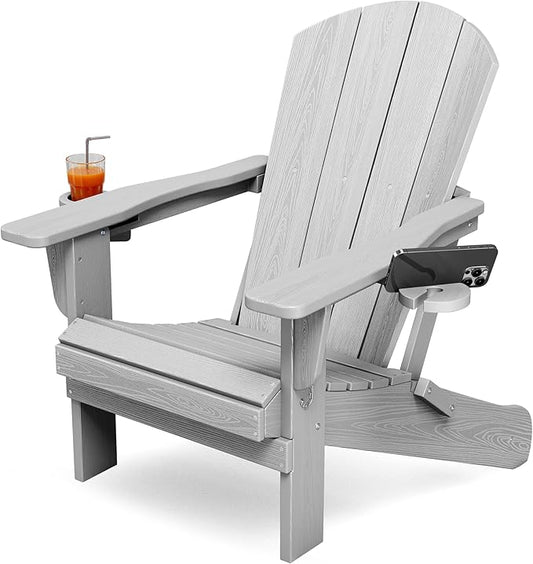 KINGYES Folding Adirondack Chair with Dual Cup Holders - HDPE All-Weather Outdoor Chairs, Wood-Like Patio Chair for Backyard, Camping, Pool & Fire Pit, Silver Grey