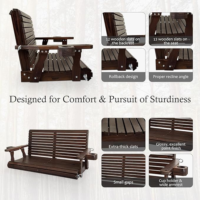 Wooden Porch Swing 2-Seater, High Backrest and Deep Seat, Bench Swing with Cupholders, Hanging Chains and 7mm Springs - Photo 5