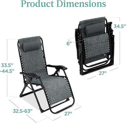 Best Choice Products Oversized Zero Gravity Chair, Folding Outdoor Patio Recliner, XL Anti Gravity Lounger w/Removable Cushion, Cup Holder, Side Tray, 350lb Capacity - Fossil Gray
