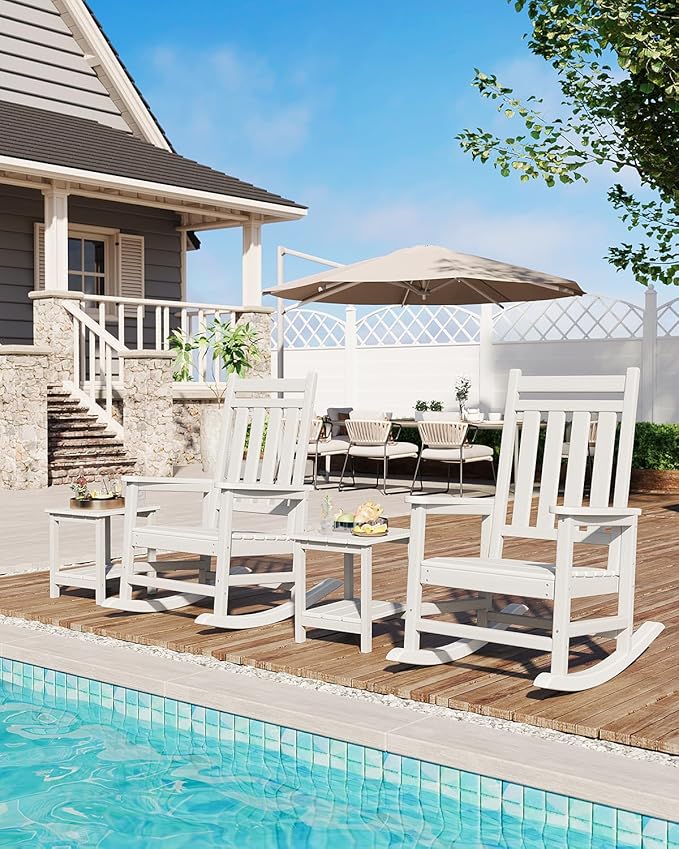 GarveeHome Adirondack Outdoor Rocking Chair, All Weather HDPE Plastic Patio Rocker Chair with Wide Armrests, Classic Fire Pit Chair for Porch, Deck, Lawn, Garde, 380LBs, Easy to Install, White
