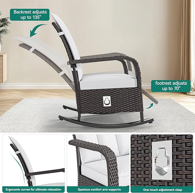 YITAHOME Outdoor Rocking Chair, Wicker Lounge Chair with Adjustment Backrest, PE Rattan Patio Recliner with Adjustable Footrest and Soft Cushions, Ideal for Garden Backyard Porch Patio