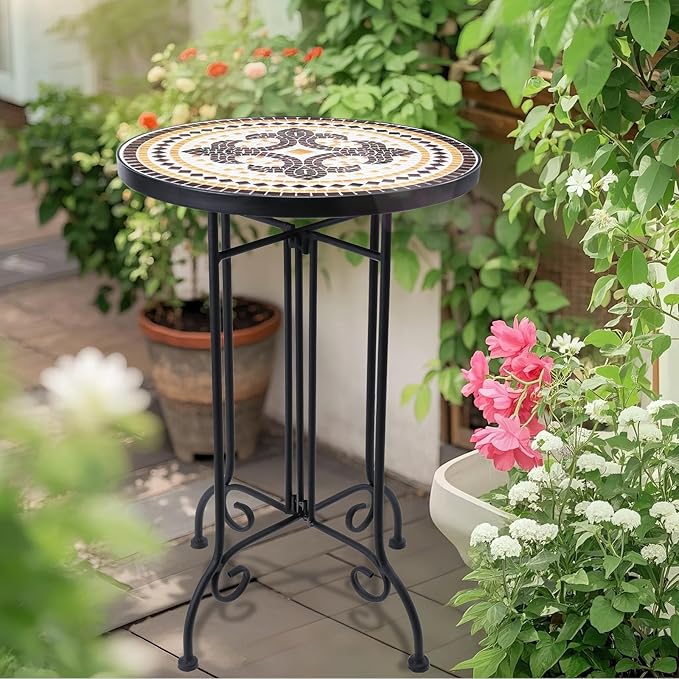 VCUTEKA Mosaic Outdoor Side Table, Round Rustproof Patio Tables with 14" Ceramic Tile Top, Indoor Porch Accent Table for Yard, Garden, Living Room, Bistro Balcony, Brown