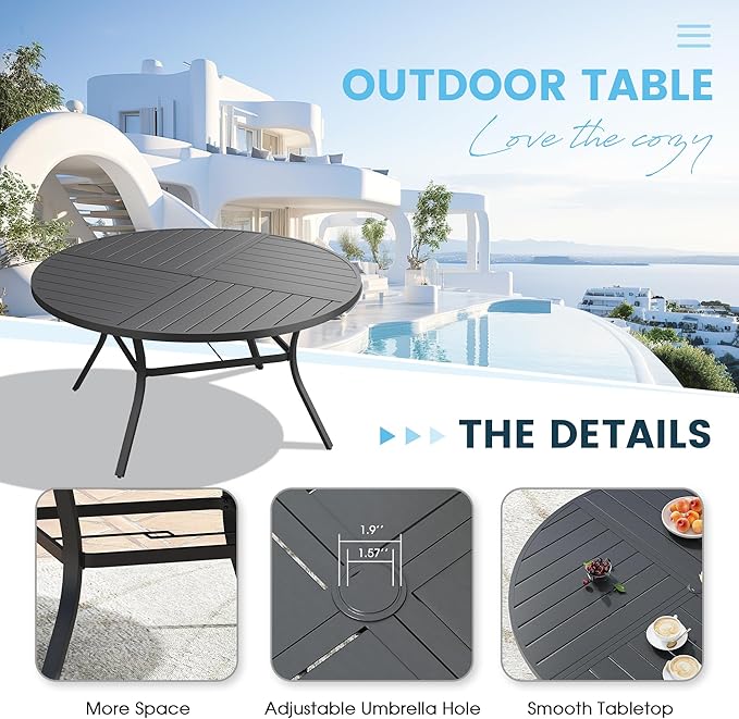 Patio Dining Table for 6, Round Metal Outdoor Table with Storage Shelf, 1.57" Umbrella Hole, 50" Outdoor Quartered Tabletop Dining Table for Backyard, Porch, Lawn, Black