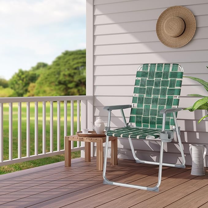 VINGLI Folding Aluminum Webbed Lawn Chairs with Detachable Cup Holder, High Beach Chair for Adults Heavy Duty - Photo 2