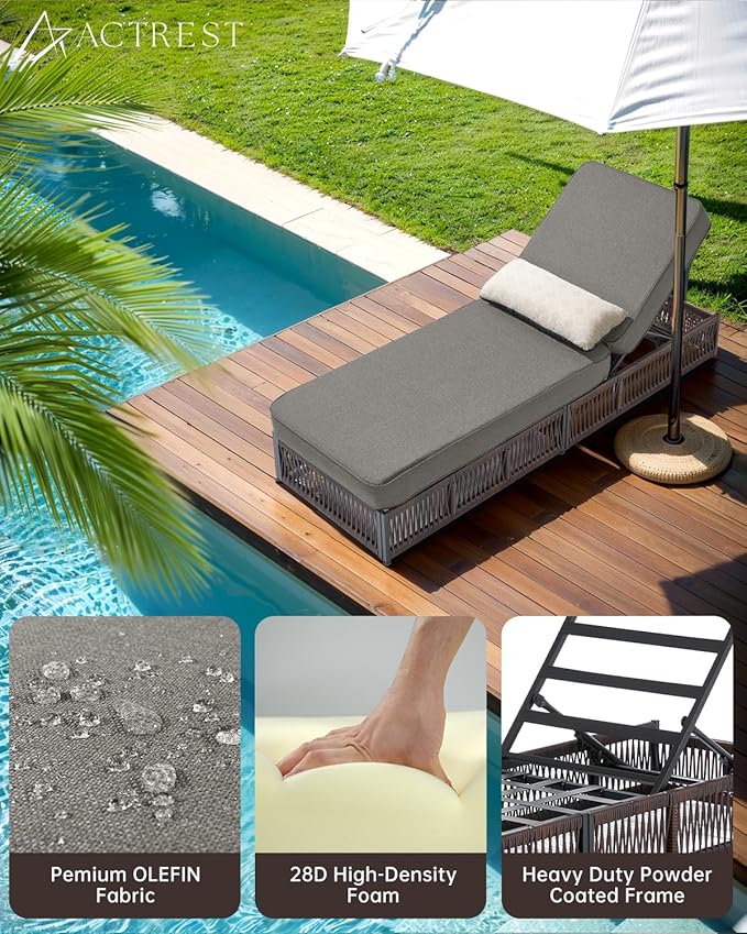 Luxury Outdoor Chaise Lounges with 5 Inch Thickened Cushions - Set of 2 High Back Brown Wicker Patio Recliners Rattan - Photo 5