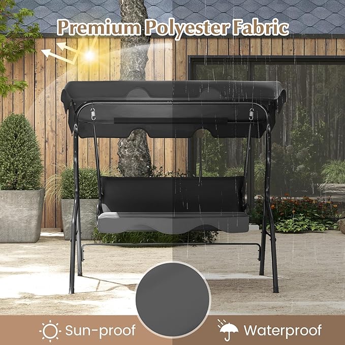 RELAX4LIFE 3-Person Porch Swing Chair - Outdoor Swing w/Adjustable Canopy, Removable Cushion & Metal Frame Stand - Photo 5