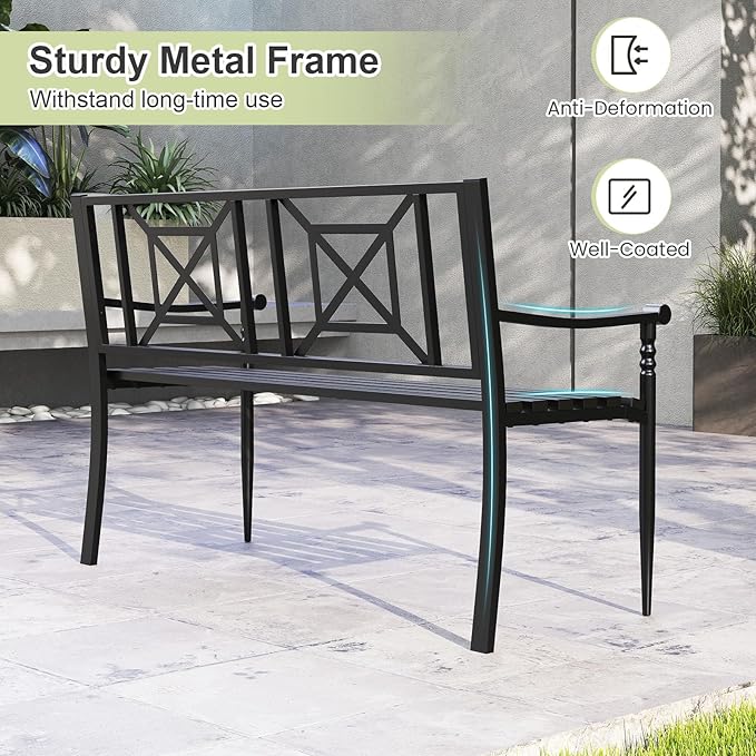 Tangkula Metal Outdoor Park Bench, Patio Garden Bench, Heavy-Duty Slatted Garden Bench for 2-3 People, Patio Park-Style Loveseat with Curved Armrests, Outdoor Seating for Backyard, Lawn, Porch