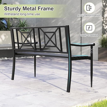 Tangkula Metal Outdoor Park Bench, Patio Garden Bench, Heavy-Duty Slatted Garden Bench for 2-3 People, Patio Park-Style Loveseat with Curved Armrests, Outdoor Seating for Backyard, Lawn, Porch