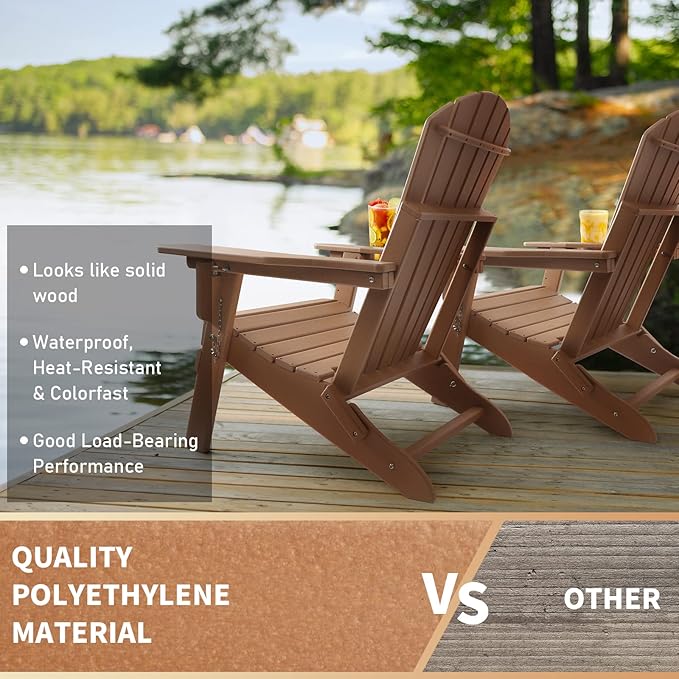 FUNBERRY Folding Adirondack Chairs Set of 4 with Adjustable Backrest, HDPE All Weather Fire Pit Chairs with Cup Holder