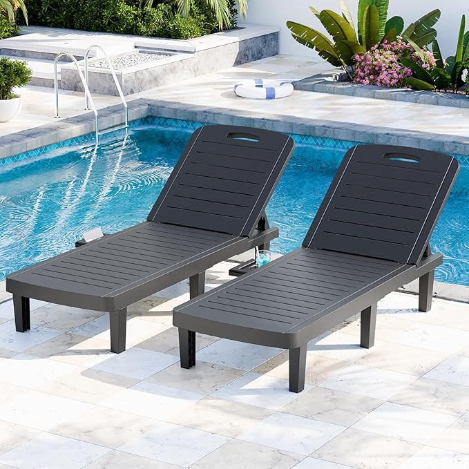 Outdoor Chaise Lounge Set of 2, 5-Position Adjustable Sun Lounge w/Pull-Out Tray, Waterproof PP Lounge Chairs for Outside, Lounge Chairs for Poolside, Patio, Beach, Yard in All Weather,Black
