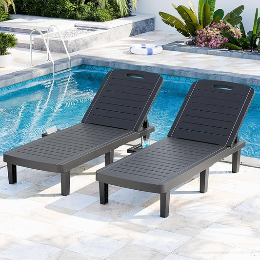 Outdoor Chaise Lounge Set of 2, 5-Position Adjustable Sun Lounge w/Pull-Out Tray, Waterproof PP Lounge Chairs for Outside, Lounge Chairs for Poolside, Patio, Beach, Yard in All Weather,Black