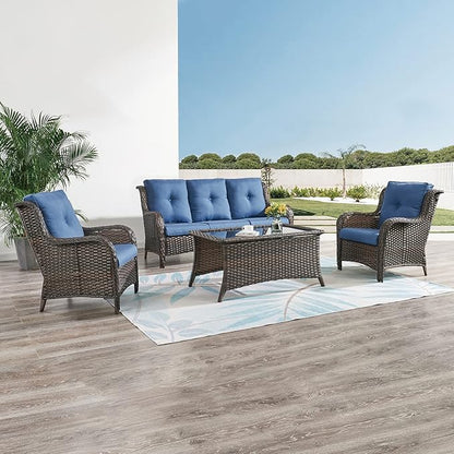 HUMMUH Outdoor Furniture 4 Pieces Patio Furniture Set Wicker Outdoor Sectional Sofa with 2 Patio Chairs,Coffee Table(Grey/Blue)