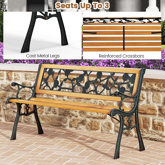 Tangkula Outdoor Garden Bench Park Bench, Patio Iron Bench Chair with Cast Iron & Hardwood Structure - Photo 6